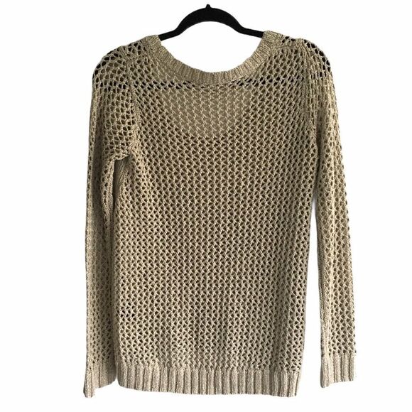 Robert Rodriguez Scoop Neck Open Knit Crochet Sweater Tan Gold Shimmer M - Picture 3 of 8